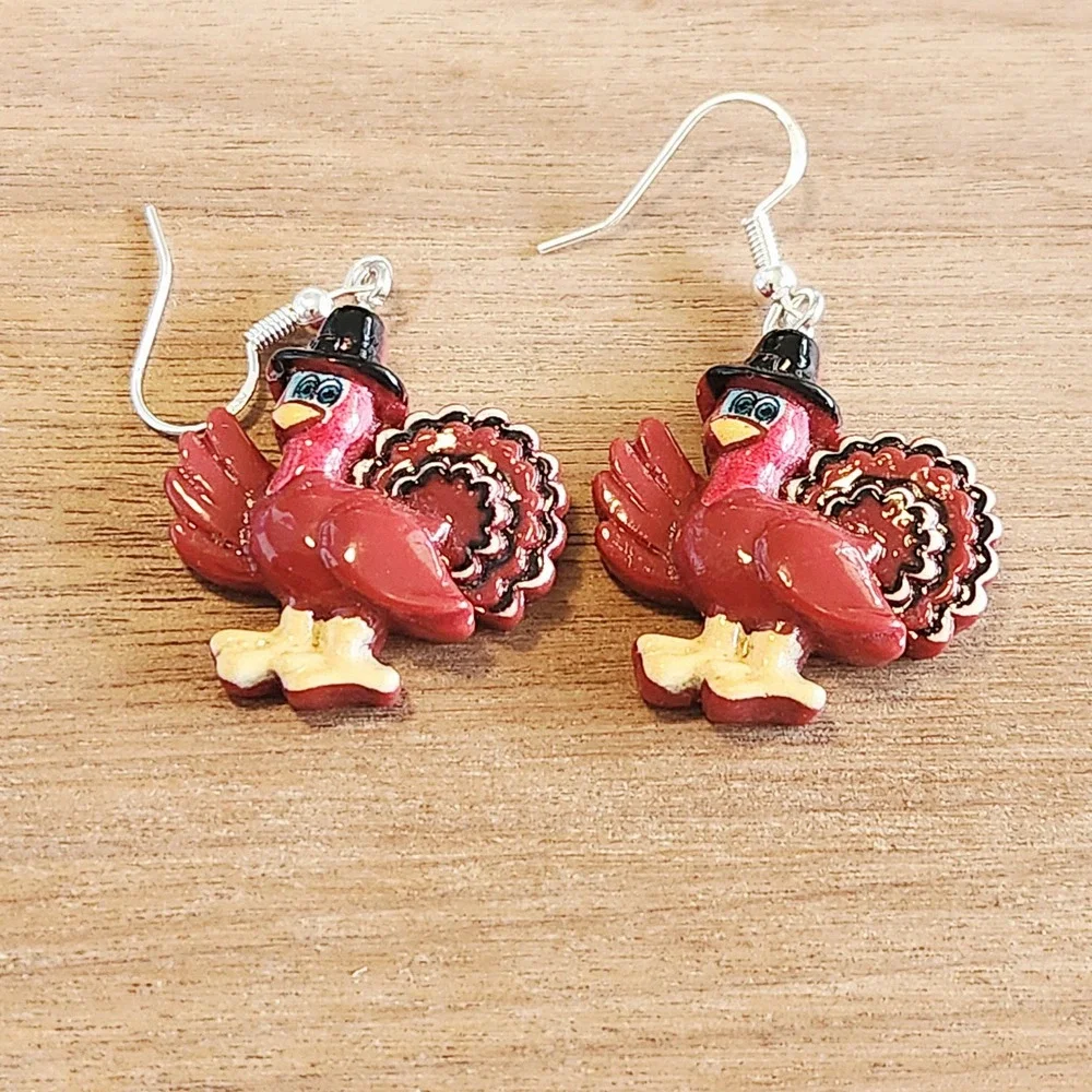 Thanksgiving Turkey Pilgrim Hat Drop Earrings‎ Red Holiday Seasonal Jewelry